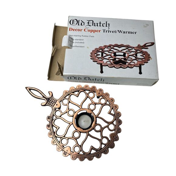 Vintage Copper Plated Wrought Iron Trivet Candle Warmer - Heart Design 8” Round - Picture 7 of 7